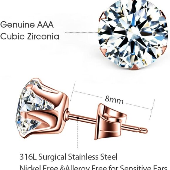 Hypoallergenic 316L Stainless Steel Rose Gold Earrings Set - 6 Pairs CZ Options - Picture 3 of 5